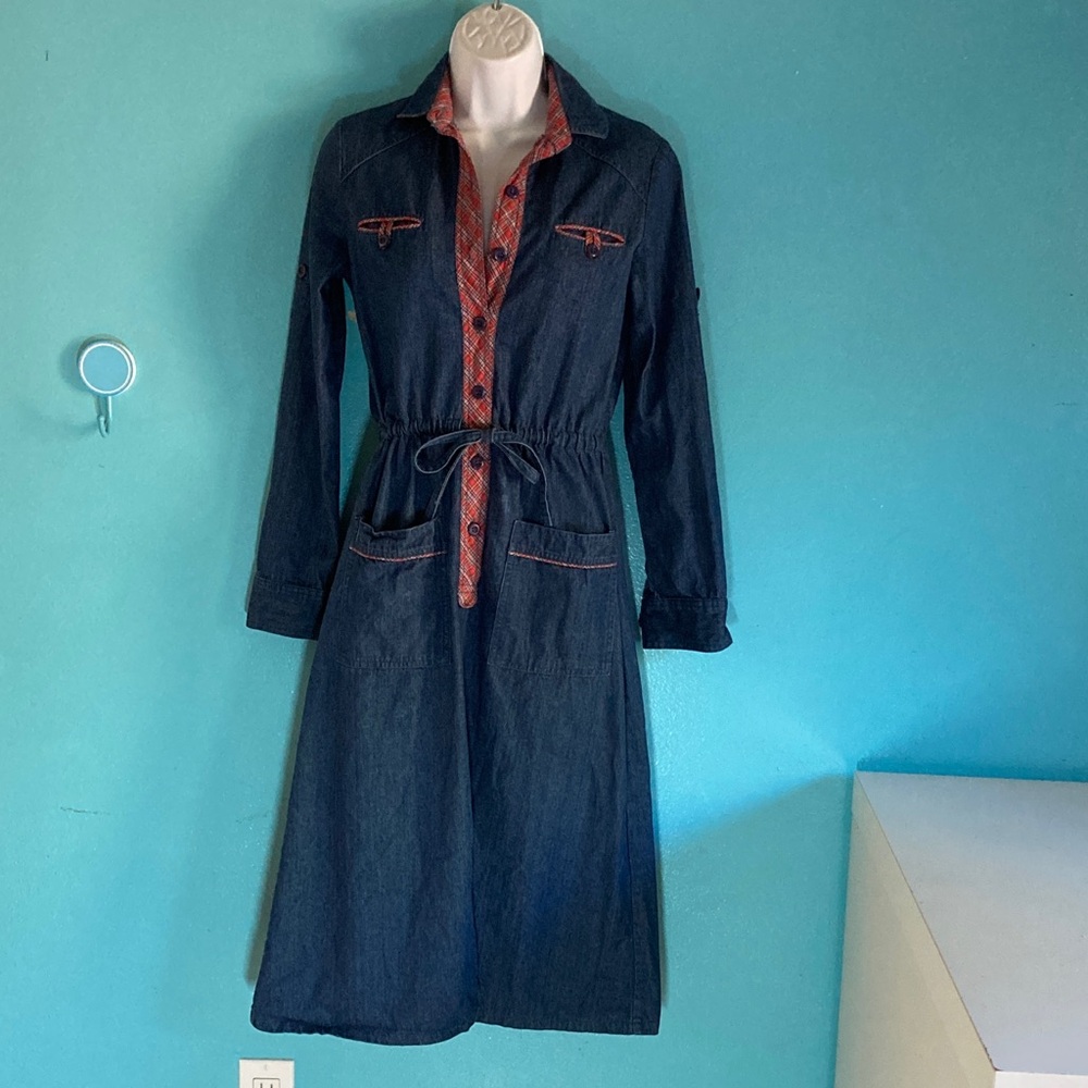 Casual Corner VINTAGE Womens Size S Cotton Denim Midi Dress Tie Waist & Pockets